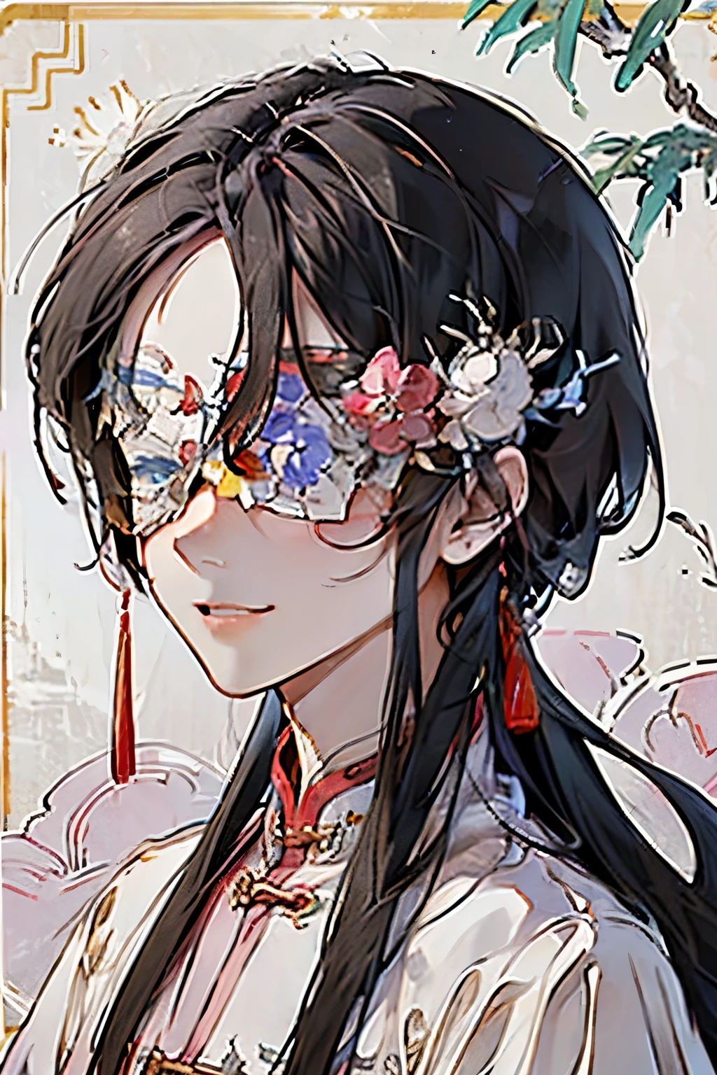 (old male:1.45)、(masterpiece、highest quality、highest quality、Beautiful and beautiful:1.2)、(Good anatomy:1.5)、Painting of a male with milky brown straight hair、Shy smile、Sparkling Eyes、looking at the camera、Emerging from among the flowers and leaves、Suzuran、(sunny days:1.45)、(pink、black、lightbrown:1.2)、(Chinese Emperor:1.5)、(Blindfold)、Close-up of face