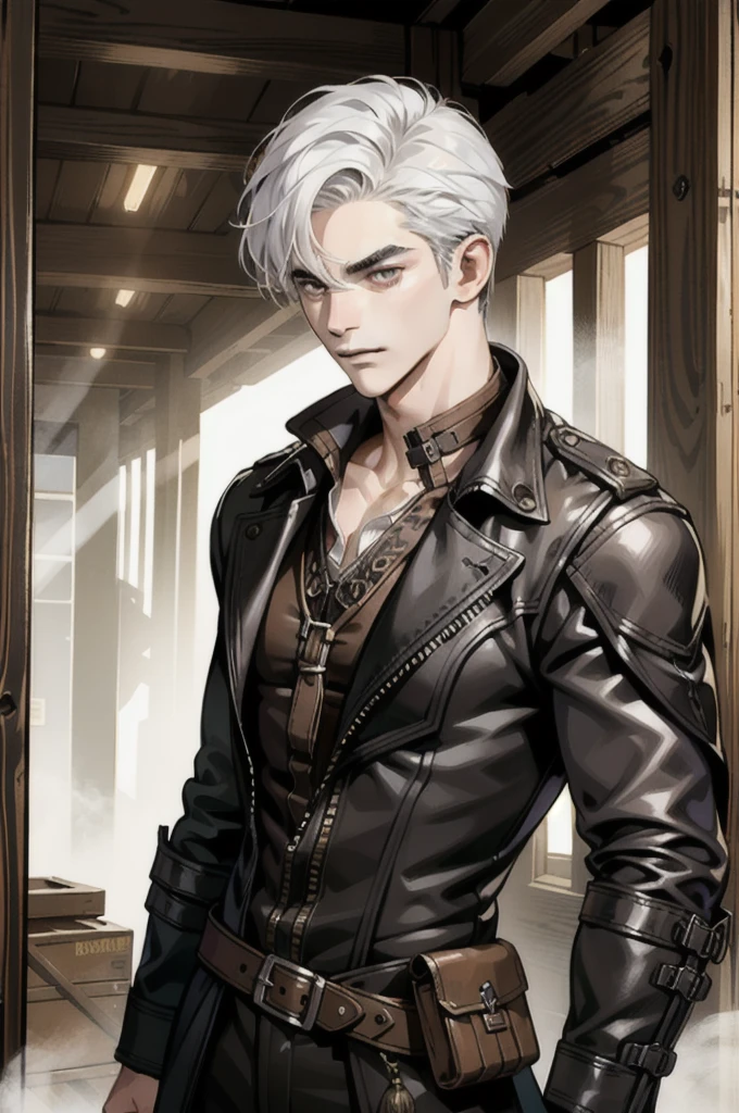 (absurd res, high res, ultra detailed), 1 male, adult, handsome, tall muscular guy, broad shoulders, white hair, finely detailed eyes, portrait, looking at viewer, solo, half shot, detailed background, detailed face, (steampunk industrial), smirk, renegade, rugged dark leather clothes, small leather pouch, high fantasy medieval setting, smuggler hideout background, stealth, undercover, (crates in background), shadows, fog, (dutch angle), closed mouth