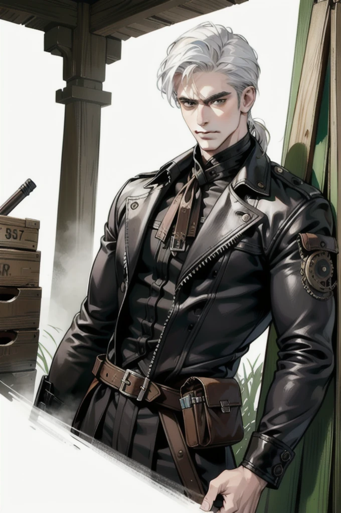 (absurd res, high res, ultra detailed), 1 male, adult, handsome, tall muscular guy, broad shoulders, white hair, finely detailed eyes, portrait, looking at viewer, solo, half shot, detailed background, detailed face, (steampunk industrial), smirk, renegade, rugged dark leather clothes, small leather pouch, high fantasy medieval setting, smuggler hideout background, stealth, undercover, (crates in background), shadows, fog, (dutch angle), closed mouth