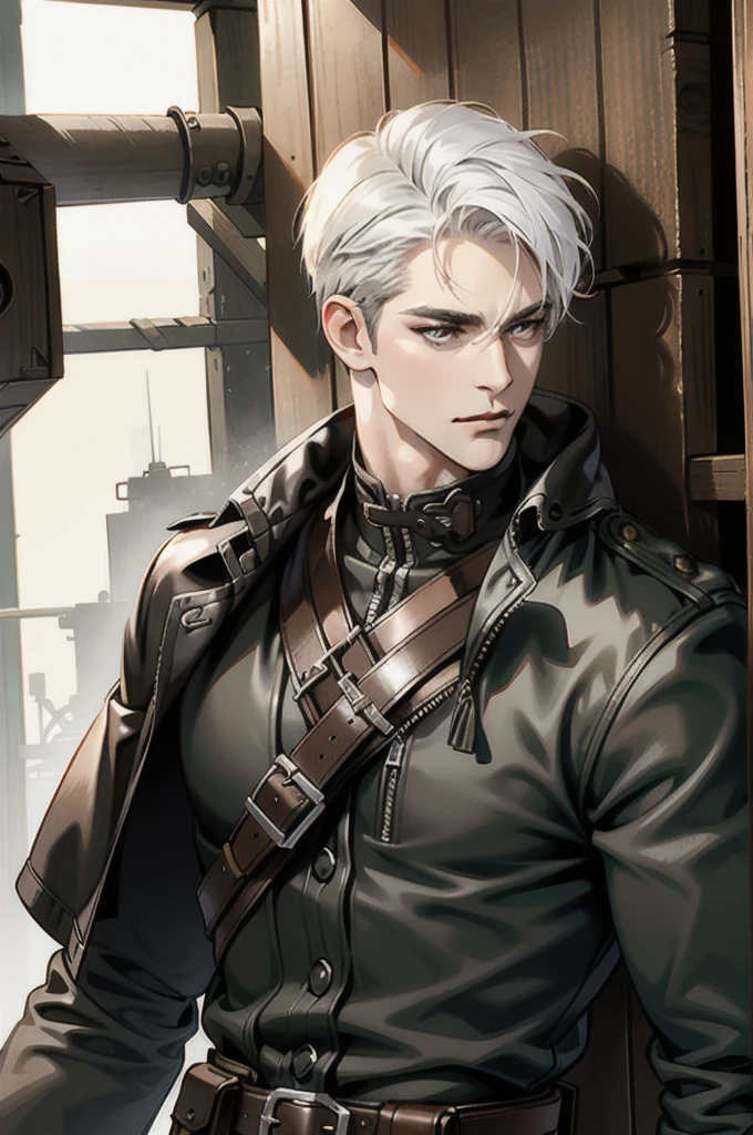 (absurd res, high res, ultra detailed), 1 male, adult, handsome, tall muscular guy, broad shoulders, white hair, finely detailed eyes, portrait, looking at viewer, solo, half shot, detailed background, detailed face, (steampunk industrial), smirk, renegade, rugged dark leather clothes, small leather pouch, high fantasy medieval setting, smuggler hideout background, stealth, undercover, (crates in background), shadows, fog, (dutch angle), closed mouth