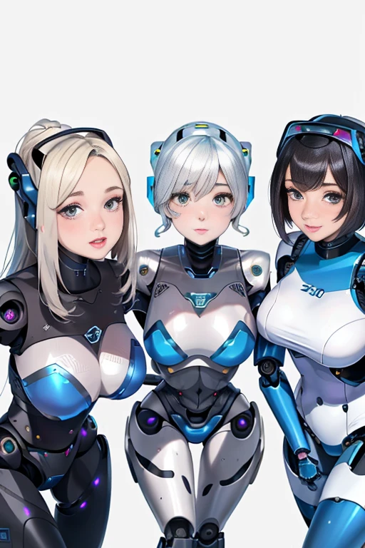 High resolution, Detailed Background, highest quality, Beautiful and dense face, Beautiful, smooth skin, Skin Texture, ((Three beautiful female robots in their twenties:1.5)), All of their internal skeletons are exposed.., Everything is mechanical except for the face., Full Body Shot, Cute hairstyle, Huge breasts, smile, They are all touching each other&#39;Body because they just had their maintenance done., 誰もが自分Bodyに誇りを持っている, All have floral and pastel colored internal skeletons, From ankle down, Feet in roller skates, The bright colors and patterns on the interior structure create a cute and glamorous look.., (Braided Ponytail、Cute hair cot#39;I&#39;I can&#39;t wait to go outside in my new body...、Looking at each other&#39;Body、Laughter、smile、smile)