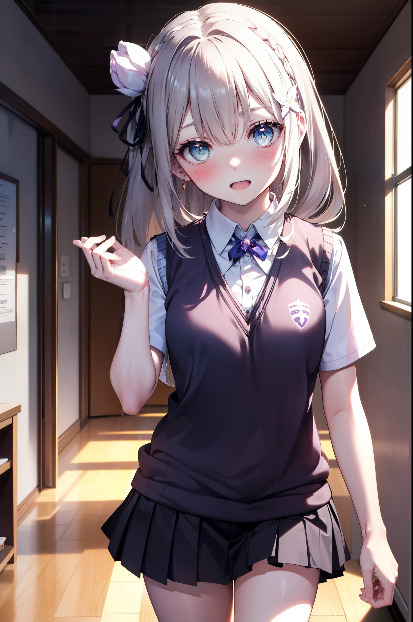 rezeroEmilia, Emilia, Braiding, crown Braiding, flower, hair flower, hair ornaments, Purple eyes,Long Hair,Hair Ribbon, smile,blush,Open your mouth,Black Abyss Glasses,ponytail,White Y-shirt,Short sleeve,Sweater vest, (紫色 Sweater vest:1.5), ,Black pleated skirt,White tights,Brown Loafers,Walking,るwhole bodyがイラストに入るように,
break indoors, School　corridor,
break looking at viewer, whole body,
break (masterpiece:1.2), highest quality, High resolution, unity 8k wallpaper, (shape:0.8), (Beautiful and beautiful eyes:1.6), Highly detailed face, Perfect lighting, Highly detailed CG, (Perfect hands, Perfect Anatomy),