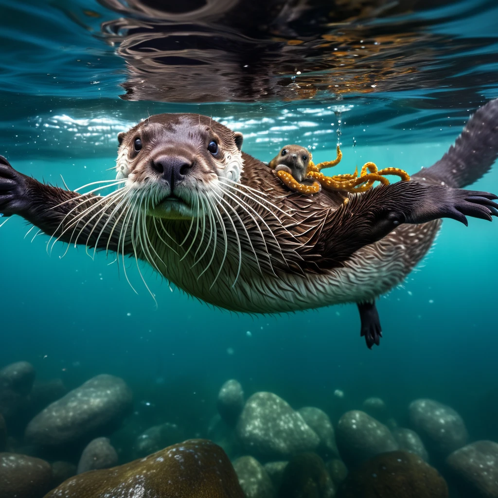 (best quality,4k,8k,highres,masterpiece:1.2),ultra-detailed,(realistic,photorealistic,photo-realistic:1.37),a playful Otter with a captured Octopus,underwater scene,dramatic lighting,natural colors,bubbling water,ripples in the water,reflections of light on the water surface,expressive eyes of the otter,detailed fur texture of the otter,wet and shiny fur of the otter,curved and graceful tentacles of the octopus,tentacles wrapped around the otter's paws and body,tentacles releasing ink clouds,otter's playful expression,joyful and carefree atmosphere,a few small fishes swimming nearby,seaweed and rocks on the seabed,underwater plants swaying in the current,clear visibility in the water,depth and perspective in the scene