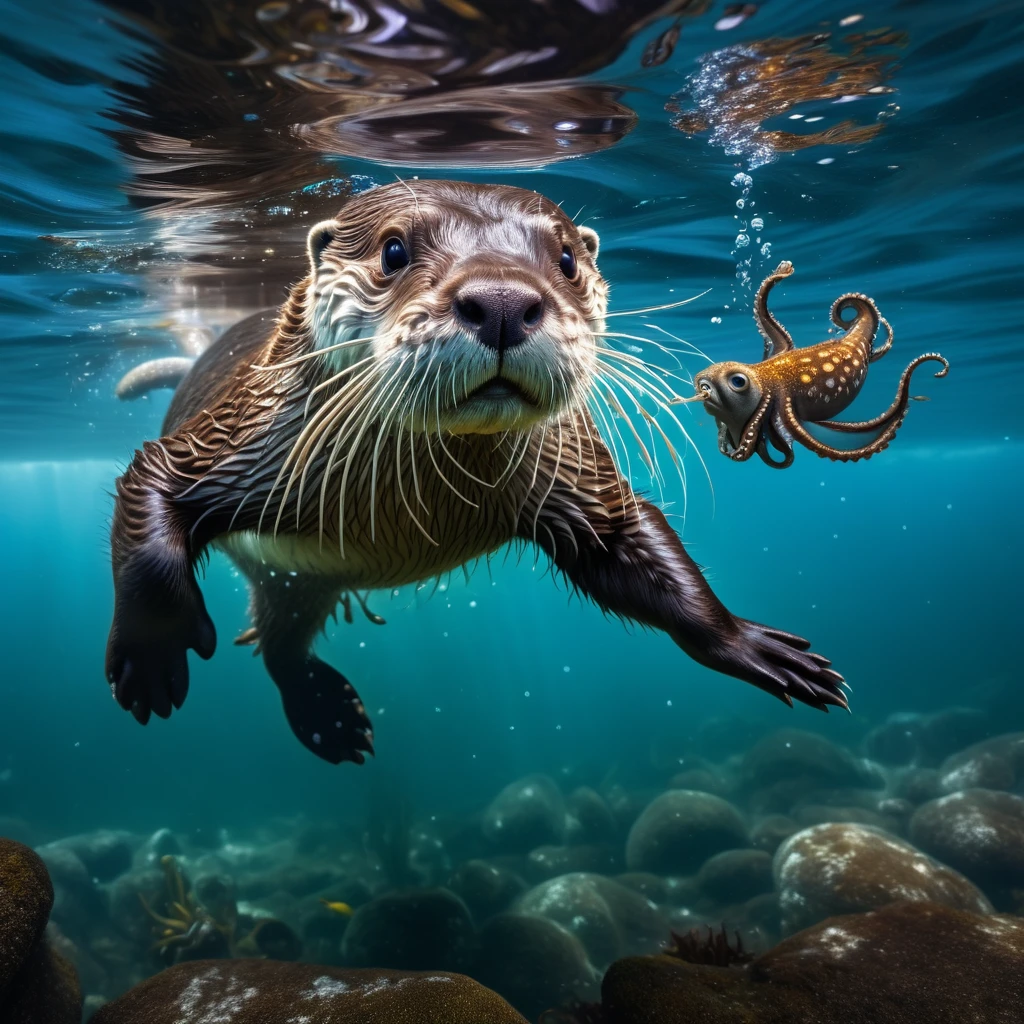 (best quality,4k,8k,highres,masterpiece:1.2),ultra-detailed,(realistic,photorealistic,photo-realistic:1.37),a playful Otter with a captured Octopus,underwater scene,dramatic lighting,natural colors,bubbling water,ripples in the water,reflections of light on the water surface,expressive eyes of the otter,detailed fur texture of the otter,wet and shiny fur of the otter,curved and graceful tentacles of the octopus,tentacles wrapped around the otter's paws and body,tentacles releasing ink clouds,otter's playful expression,joyful and carefree atmosphere,a few small fishes swimming nearby,seaweed and rocks on the seabed,underwater plants swaying in the current,clear visibility in the water,depth and perspective in the scene