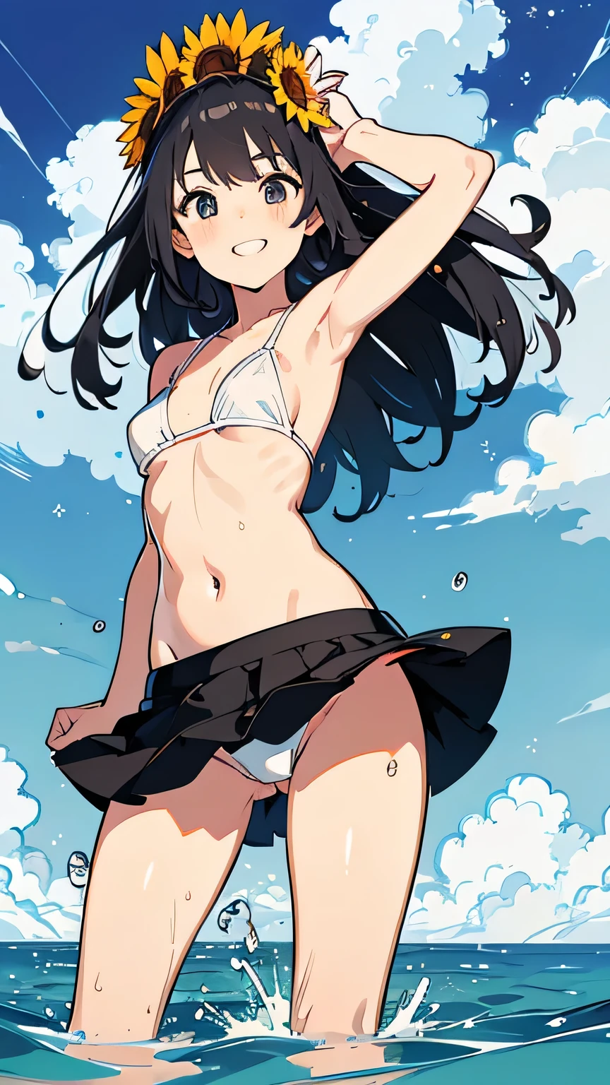 Best image quality,1People Girl,cute,Shiny Hair,black eye,Shining Eyes,smile,Double teeth,sunflower,stream,Water Play,Wet,girl,small,small breast,White Bikini,Too much exposure,View from below,Navel Fashion,The shape of the vagina is visible,Thin legs,Skirt flipped up