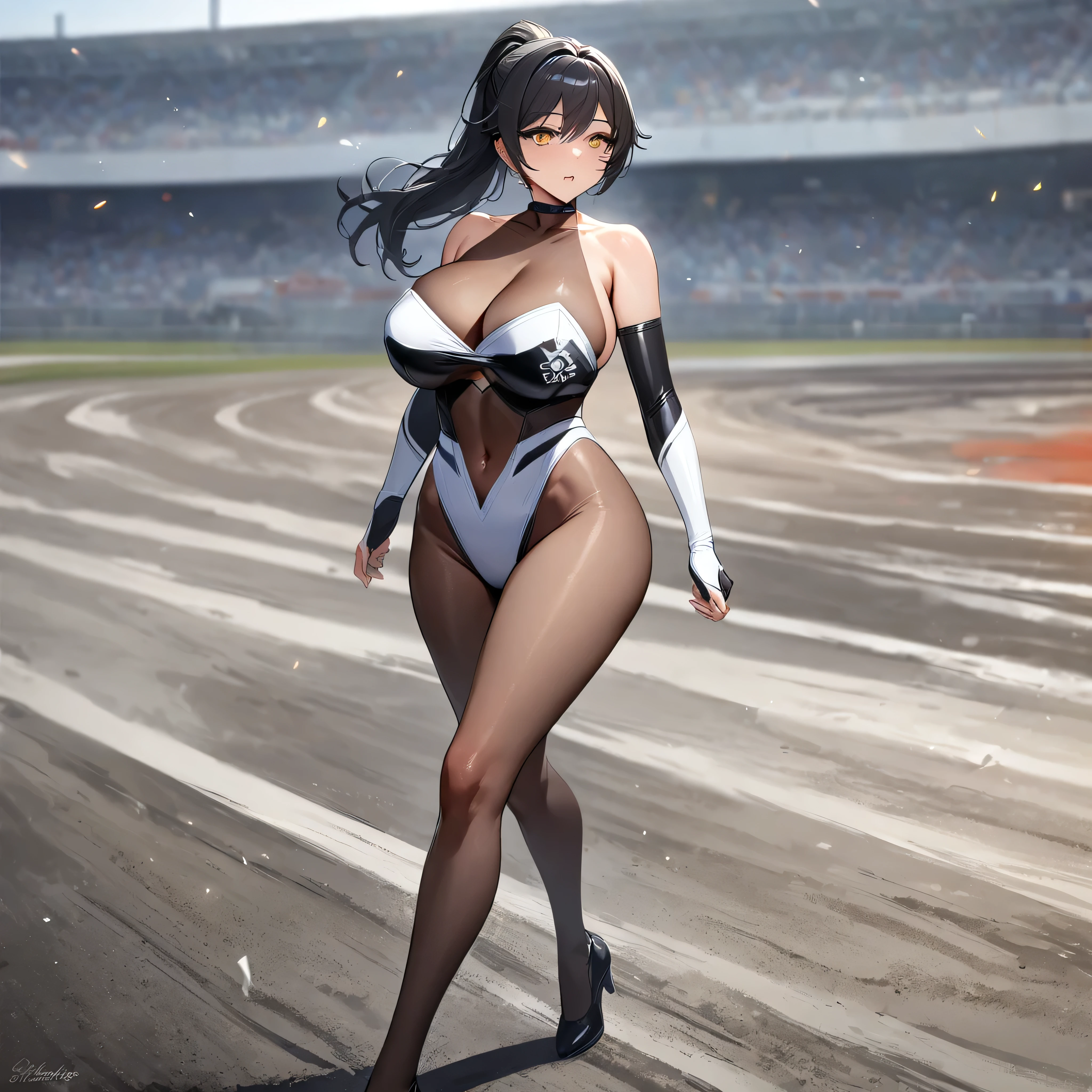 A woman wearing a race queen costume, long black hair, ponytail hair, walking on the speedway, white race car in the background, big breasts, full body, yellow eyes, HD, very detailed, full hd, masterpiece, personalized by sengoku theme, bloom, ultra resolution ( solo woman)