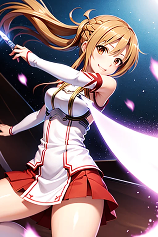 Asuna,A light smile,sexy,sword, Have a weapon, White Dress, armor, Floating Hair, Red Skirt, holding sword, Outstretched arms, highest quality