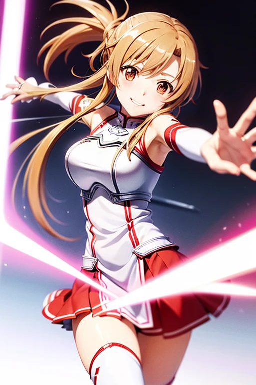 Asuna,A light smile,sexy,sword, Have a weapon, White Dress, armor, Floating Hair, Red Skirt, holding sword, Outstretched arms, highest quality