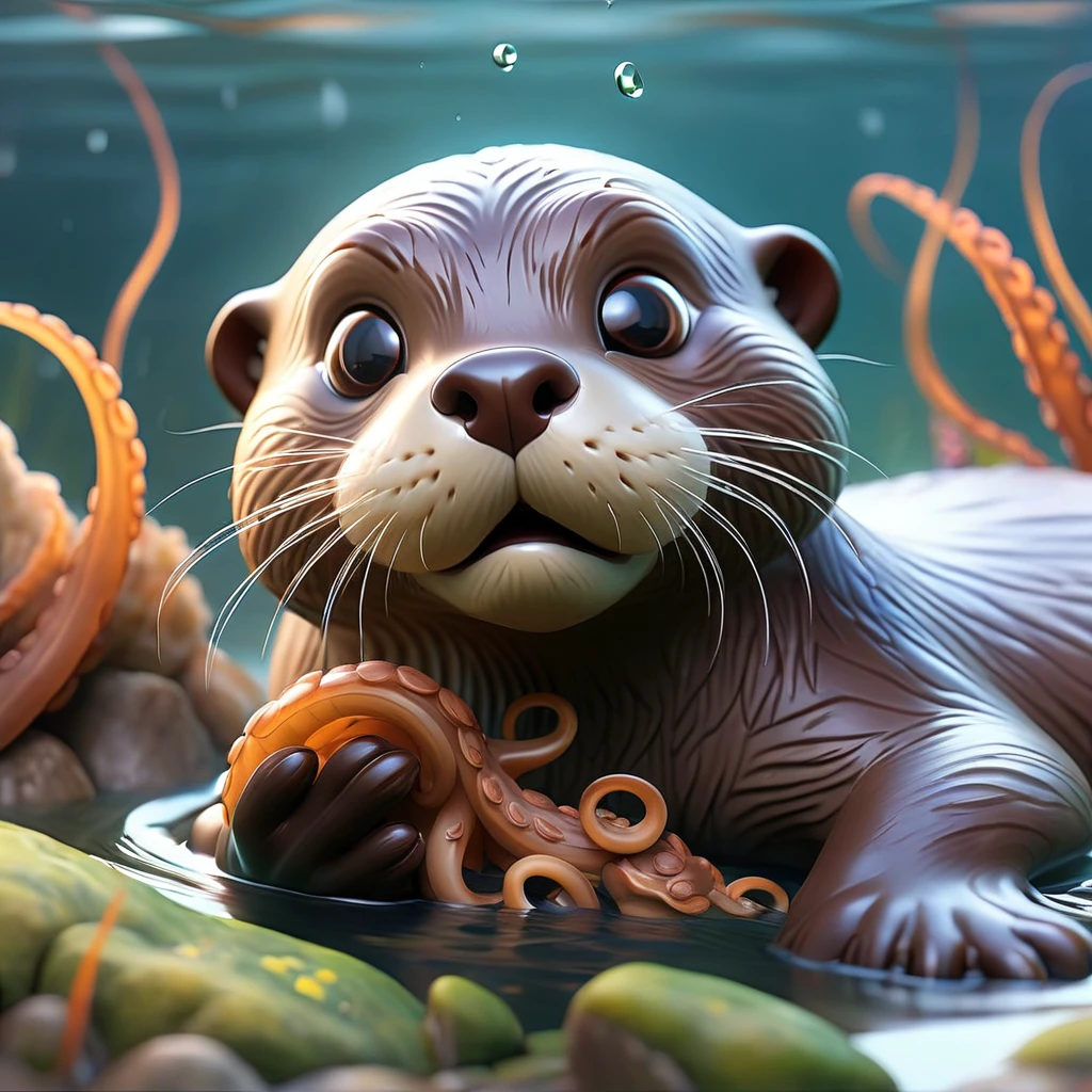 (best quality,4k,8k,highres,masterpiece:1.2),ultra-detailed,(realistic,photorealistic,photo-realistic:1.37),a playful Otter with a captured Octopus,underwater scene,dramatic lighting,natural colors,bubbling water,ripples in the water,reflections of light on the water surface,expressive eyes of the otter,detailed fur texture of the otter,wet and shiny fur of the otter,curved and graceful tentacles of the octopus,tentacles wrapped around the otter's paws and body,tentacles releasing ink clouds,otter's playful expression,joyful and carefree atmosphere,a few small fishes swimming nearby,seaweed and rocks on the seabed,underwater plants swaying in the current,clear visibility in the water,depth and perspective in the scene