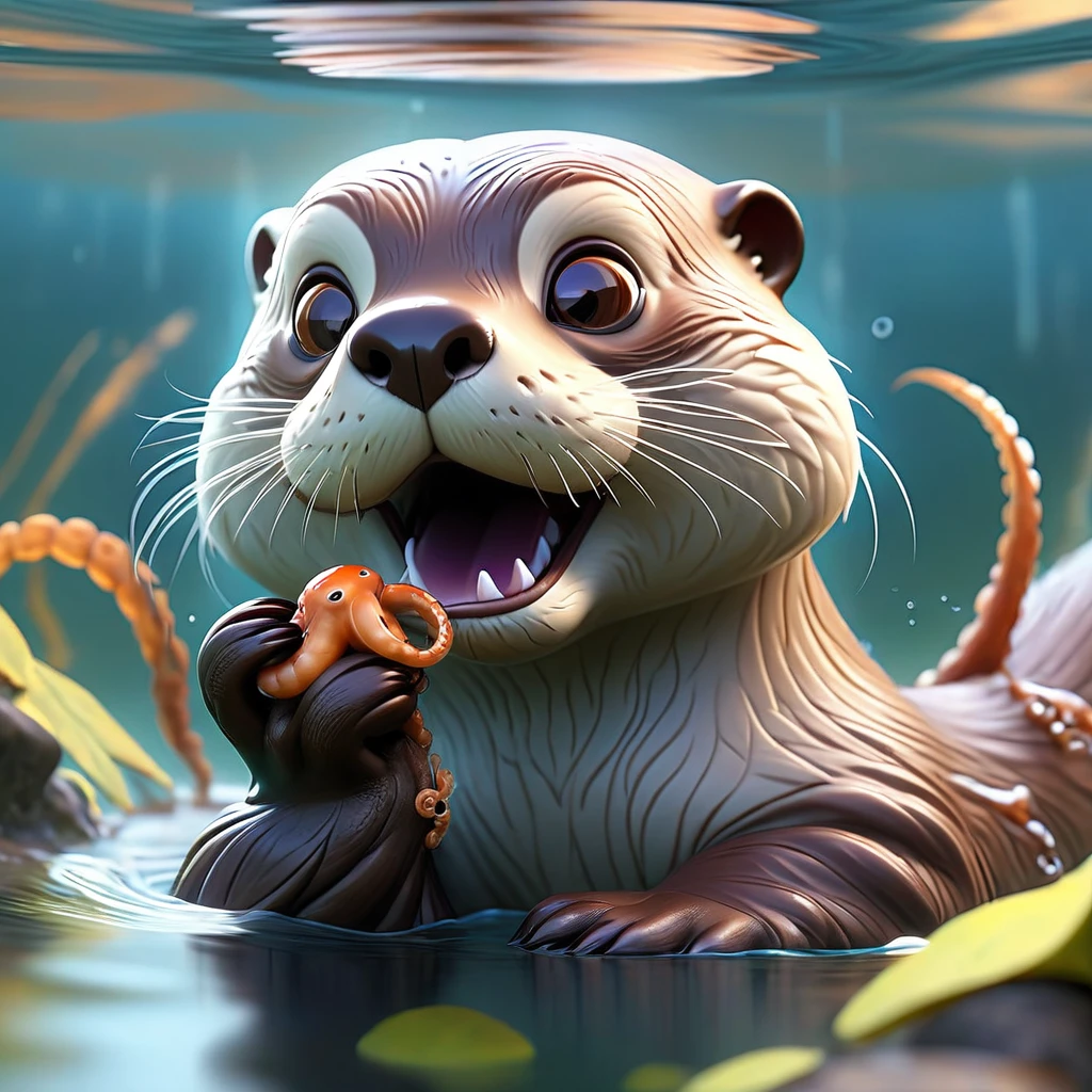 (best quality,4k,8k,highres,masterpiece:1.2),ultra-detailed,(realistic,photorealistic,photo-realistic:1.37),a playful Otter with a captured Octopus,underwater scene,dramatic lighting,natural colors,bubbling water,ripples in the water,reflections of light on the water surface,expressive eyes of the otter,detailed fur texture of the otter,wet and shiny fur of the otter,curved and graceful tentacles of the octopus,tentacles wrapped around the otter's paws and body,tentacles releasing ink clouds,otter's playful expression,joyful and carefree atmosphere,a few small fishes swimming nearby,seaweed and rocks on the seabed,underwater plants swaying in the current,clear visibility in the water,depth and perspective in the scene