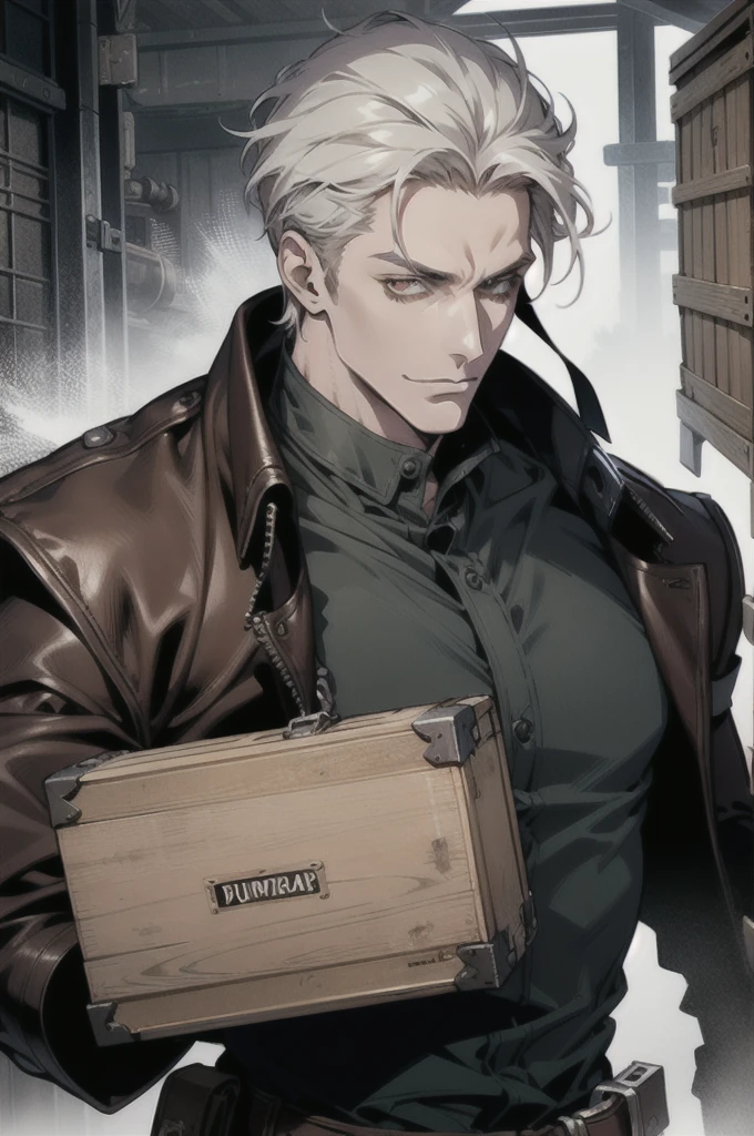 (absurd res, high res, ultra detailed), 1 male, adult, handsome, tall muscular guy, broad shoulders, white hair, finely detailed eyes, portrait, looking at viewer, solo, half shot, detailed background, detailed face, (steampunk industrial), smirk, renegade, rugged dark leather clothes, small leather pouch, high fantasy medieval setting, smuggler hideout background, stealth, undercover, (crates in background), shadows, fog, (dutch angle), closed mouth