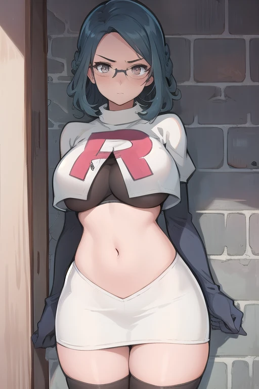 best quality, (masterpiece:1.2), illustration, absurdres,
(1girl), (solo), (beautiful detailed girl),
Sonya Baelz, blue hair, medium hair, grey eyes, large breasts, half-frame glasses, gray glasses,
team rocket,team rocket uniform,white skirt,red letter R,crop top,black thigh-highs,black elbow gloves,
looking at viewer, serious,