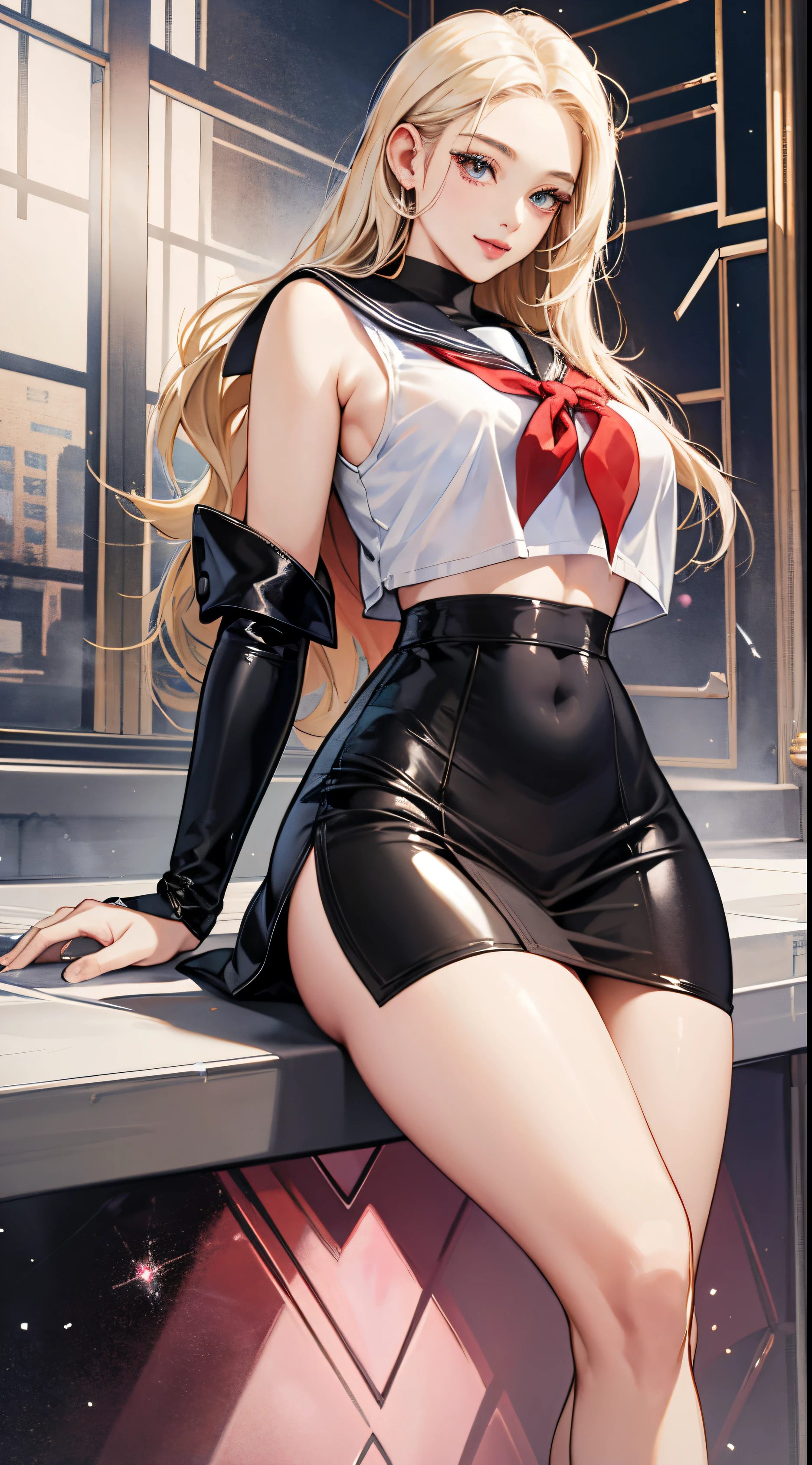 top-quality、realistic touch,high-detail、photoRealstic、Long body、skirts that are too short、Sleeveless、captive beauty、big eye、Big breasts that are about to fall out of your clothes、Strong platinum blonde eyelashes、platinum-blonde、Beautie、A sexy、full body Esbian、Sparkling eyes、Submissive smile、Flushed cheeks、Kamimei、thin-waist、Voluptuous thighs、Enraptured look、Raked bangs、The forehead is protruding、See-through clothing、high-heels、 latex clothes、a sailor suit