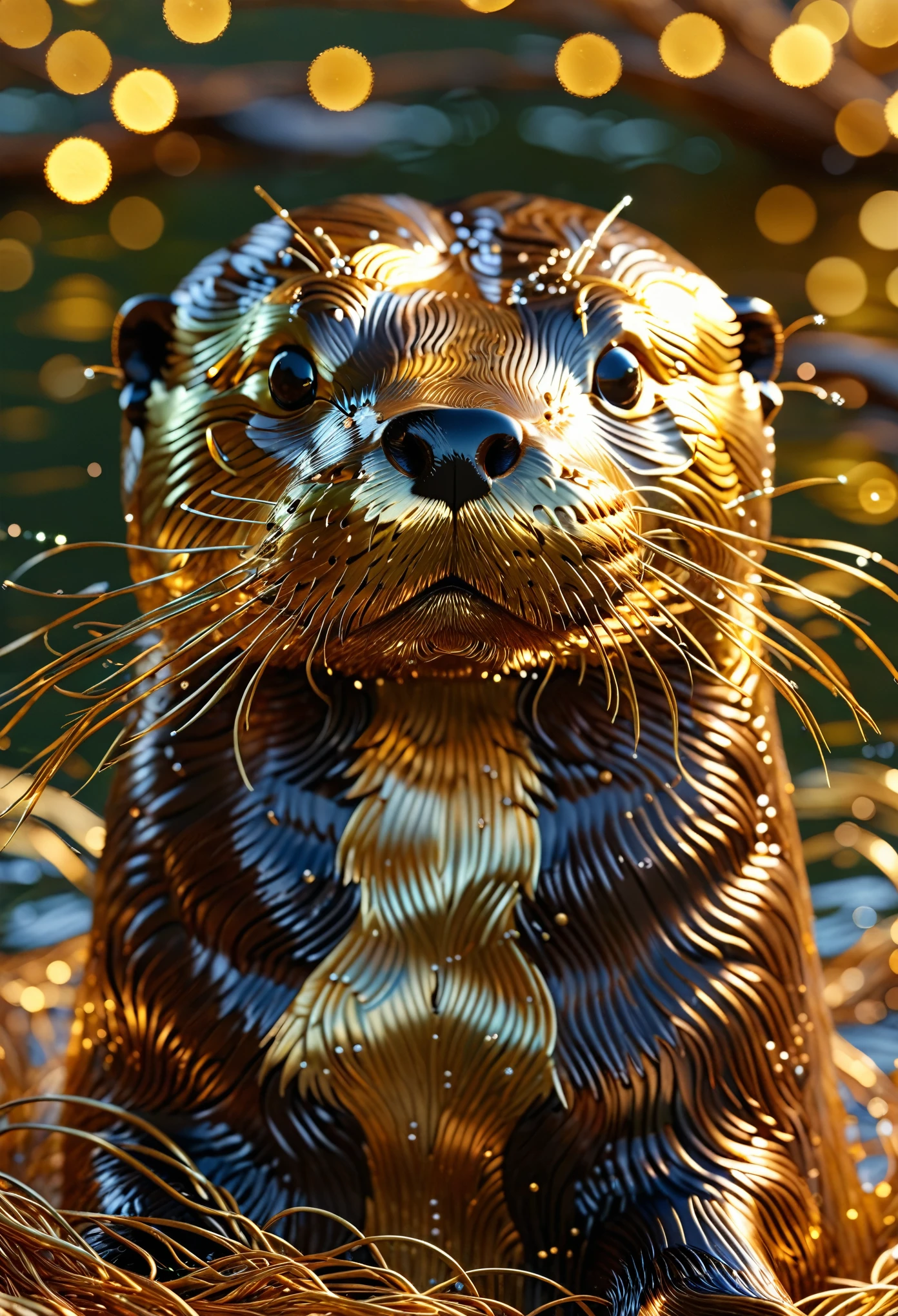 A 3D render of a otter made entirely of intricate golden strands, giving it a complex and detailed structure with a luminescent, shimmering quality. The otter's features are well-defined, with fine golden threads forming its fur, whiskers, and facial details. The image has a cinematic feel, with a shallow depth of field that focuses on the otter's head, while the background has a soft bokeh effect with orbs of light that enhance the otter's glow. The lighting is dramatic and emphasizes the textures and sparkles of the golden threads.