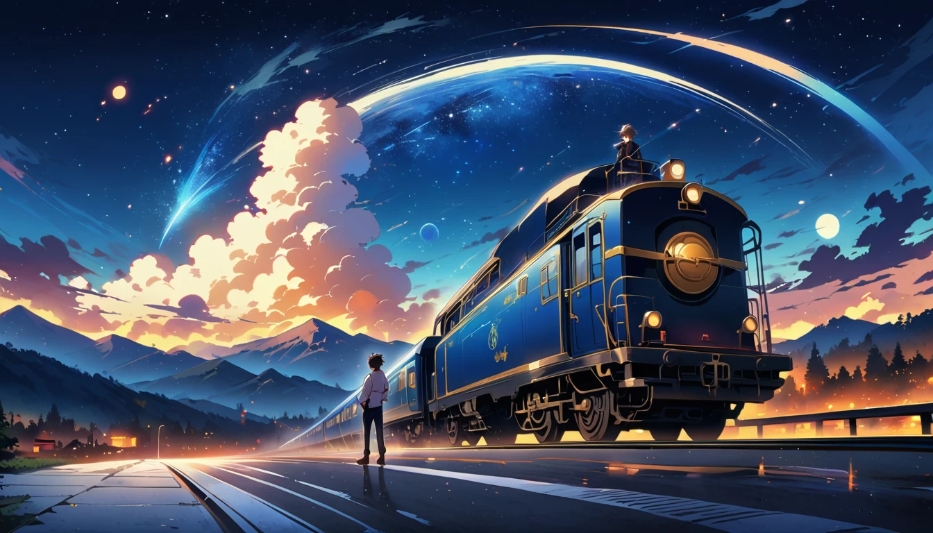 Size 16:9. Starry sky　Flying Galaxy Express Anime boy standing on the roof of a train looking at the starry night sky