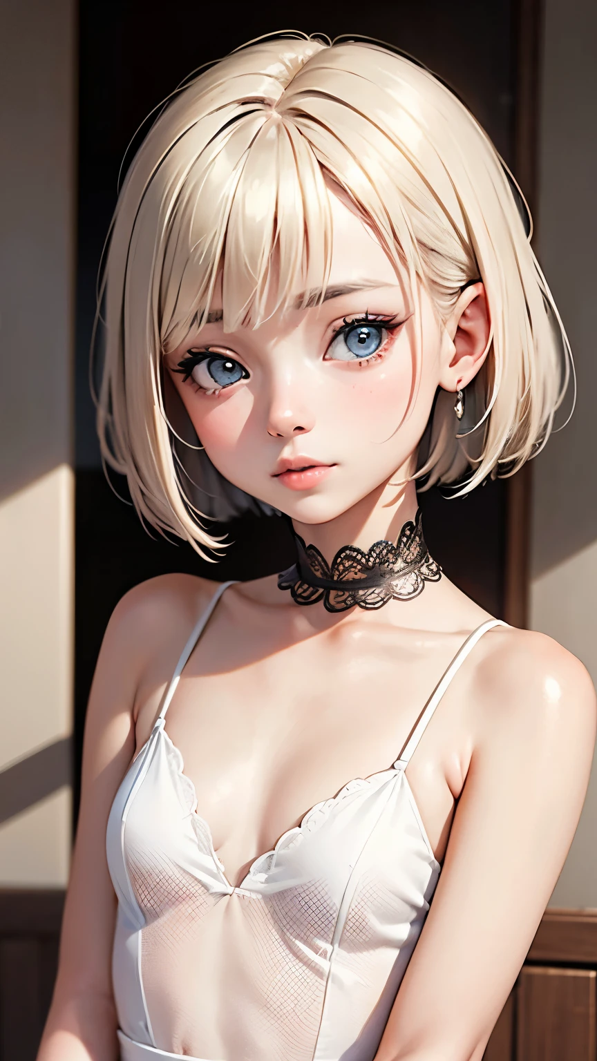 short hair, 前髪のあるshort hair, Woman with pretty face,Cute little face, French Bob, White skin, 短い茶色の髪とBig eyes, Soft Portrait Shot 8k, Beautiful light、Big eyes, Beautiful woman, Young woman with bob cut, Full Shot,Best image quality,