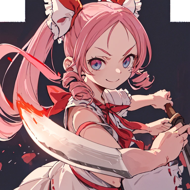 Machete, One girl, Serious face, hakurei reimu, Machete in hand  , (pink hair, twin tails twin drill, show your forehead, blue eyes, White frilled white headband, slanted eyes, smile, long sideburns, curled bangs, neck ribbon, Forehead, amount), 
