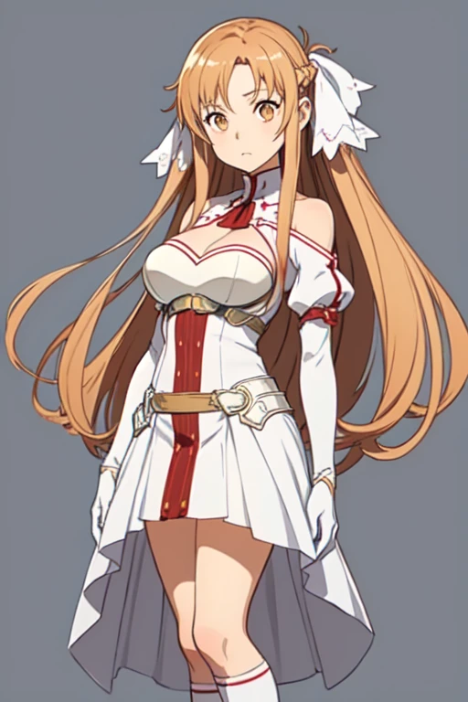 (Little:1.3),(whole body),Simple_background,
Dassna,(Brown eyes:1.3),bangs,Brown Hair,Long Hair,(Hair Ribbon),(Large Breasts:1.1),
Exposing shoulders,(White Armor),Dress in Armor,Removable sleeves,White gloves,White knee socks,
