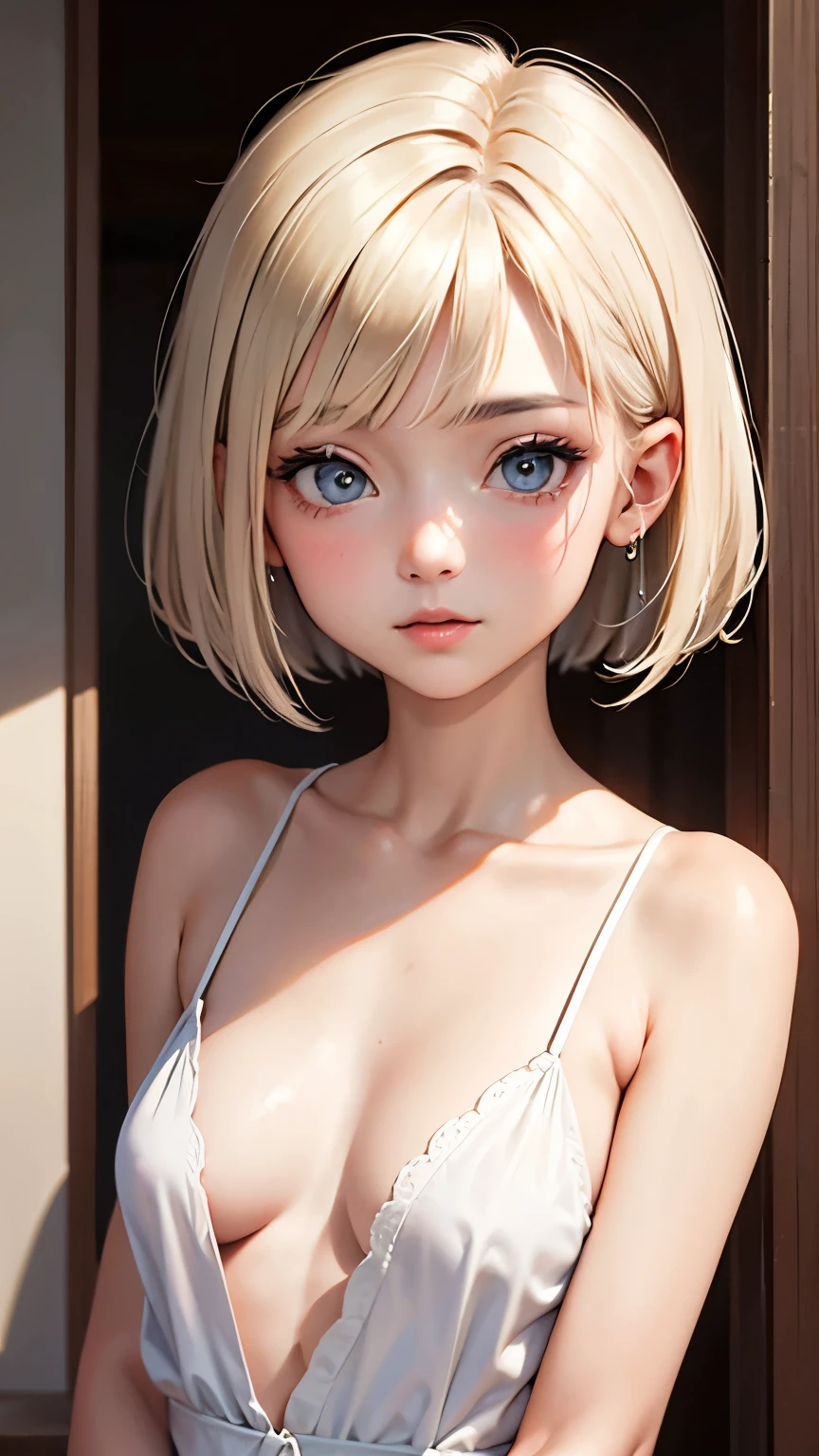 short hair, 前髪のあるshort hair, Woman with pretty face,Cute little face, French Bob, White skin, 短い茶色の髪とBig eyes, Soft Portrait Shot 8k, Beautiful light、Big eyes, Beautiful woman, Young woman with bob cut, Full Shot,Best image quality,