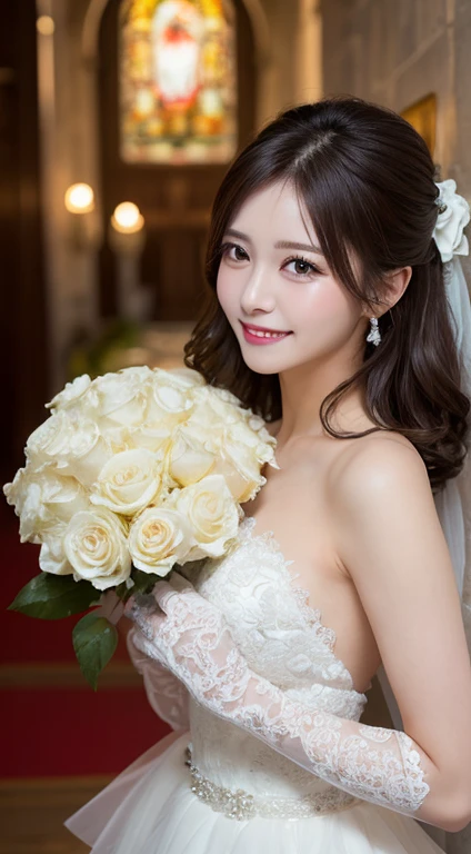 Tabletop, highest quality, shape, Very detailed, In detail, High resolution, 8k wallpaper, Perfect dynamic composition, Beautiful details, White Wedding Dress,Medium Hair, Center of chest, Natural color lip, Random sexy poses,smile,Chapel,Bouquet of white roses