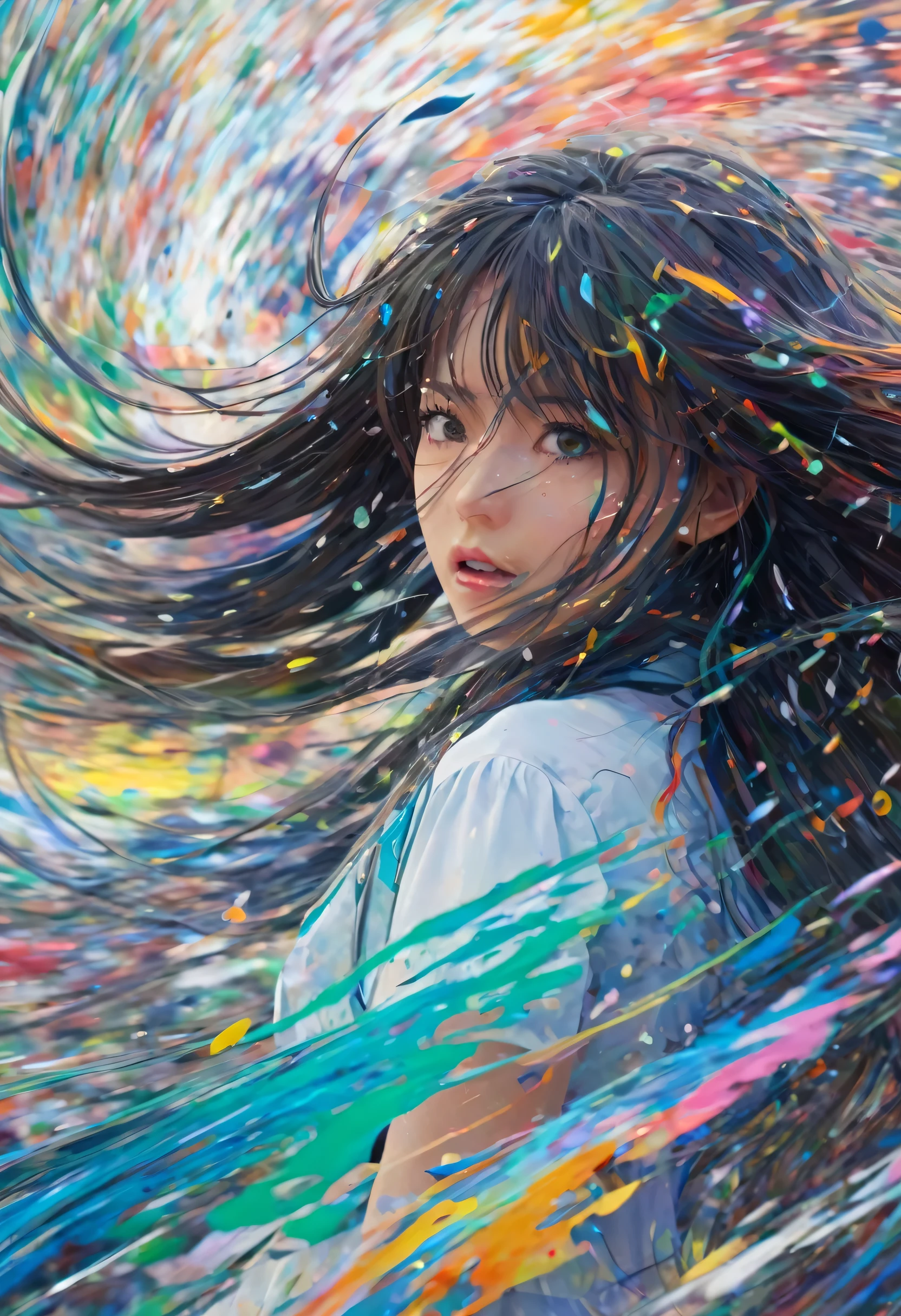 return, (One girl), material, Delicate anime face, crystallization, Disheveled long hair, colorful returnground, colorful, Dissolve, Blurred, Paint Splash, Abstract, Oil paint, encounter_Audience, A storm of swirling colors, Strong winds