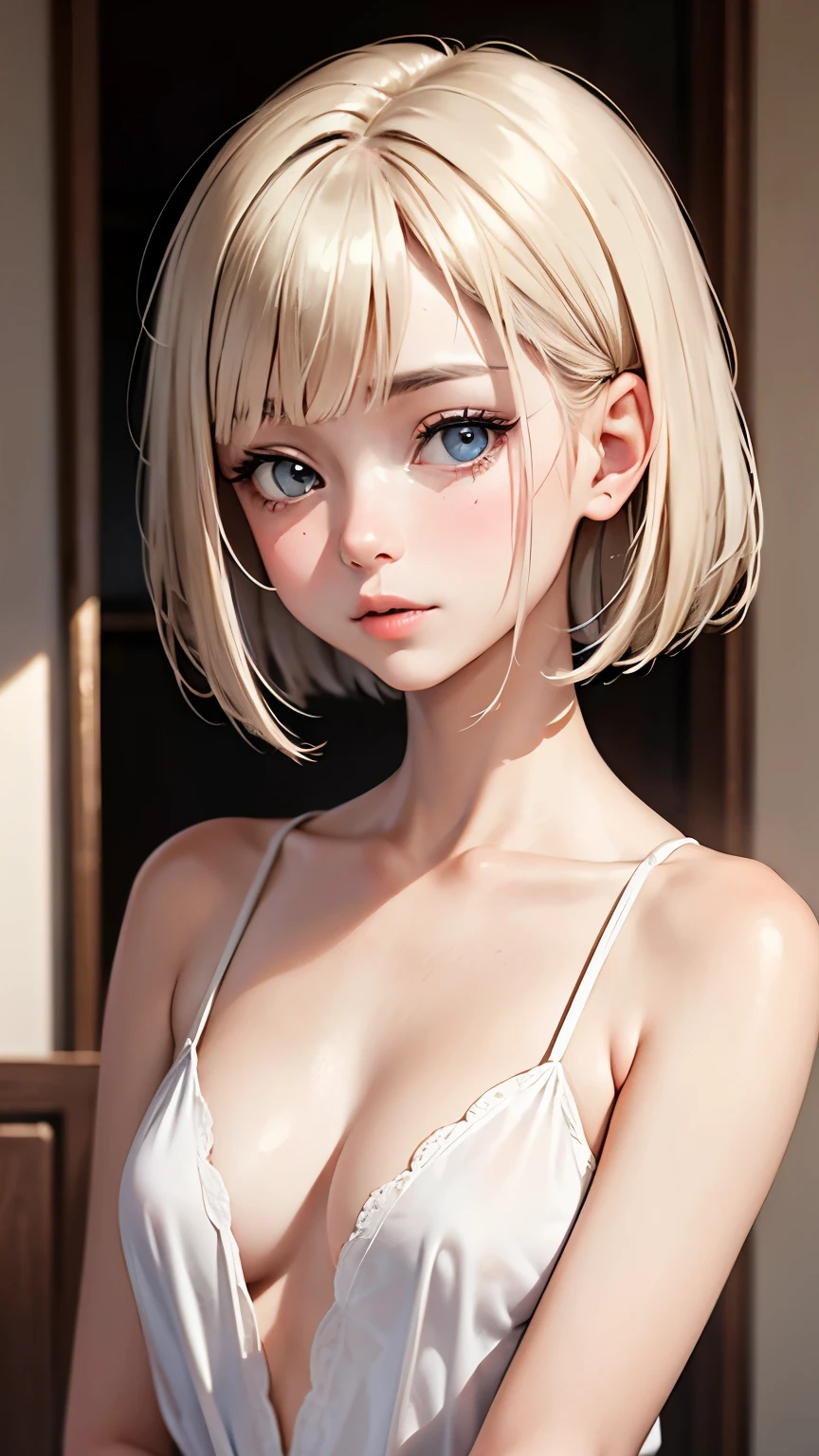 short hair, 前髪のあるshort hair, Woman with pretty face,Cute little face, French Bob, White skin, 短い茶色の髪とBig eyes, Soft Portrait Shot 8k, Beautiful light、Big eyes, Beautiful woman, Young woman with bob cut, Full Shot,Best image quality, 