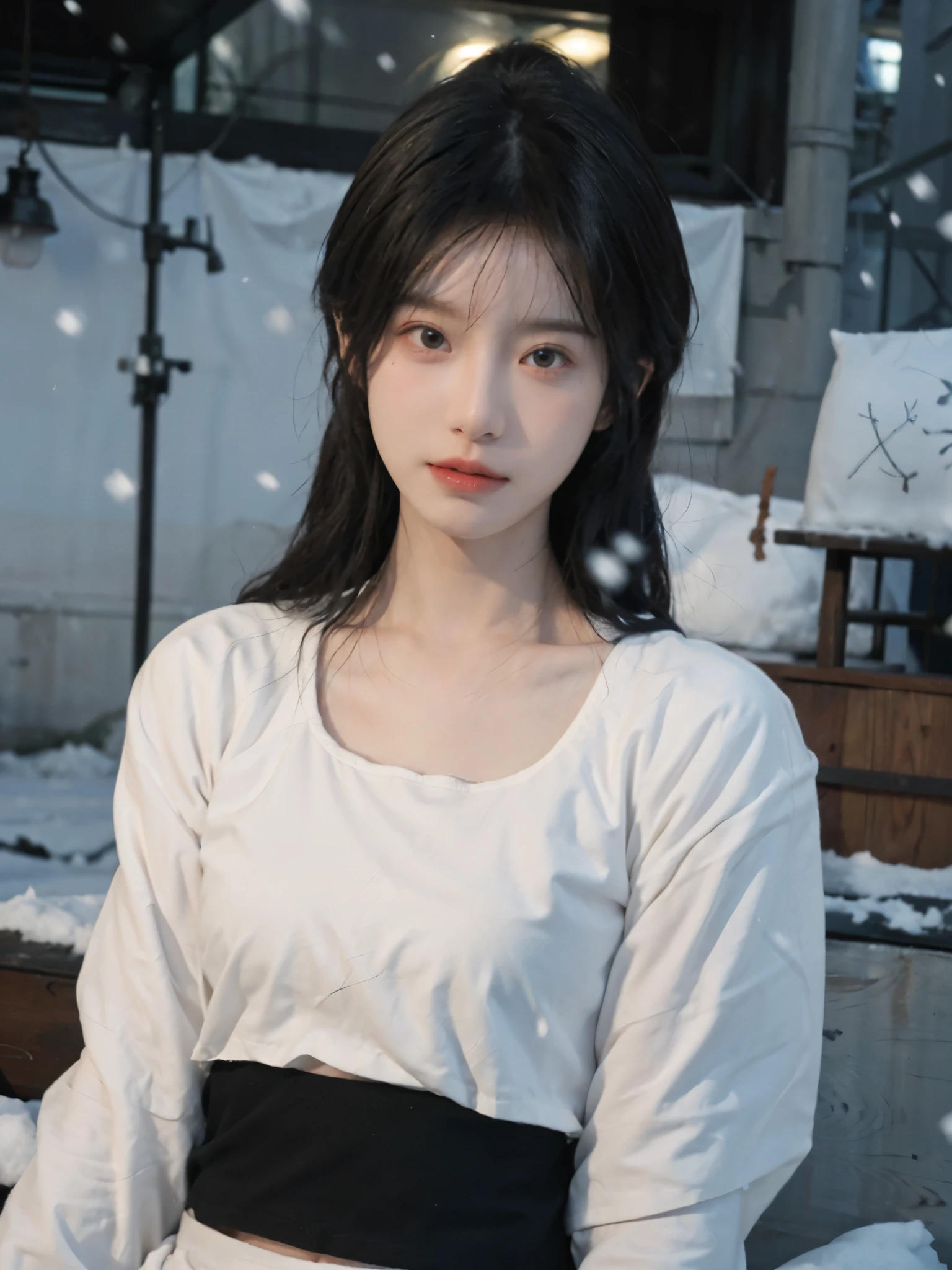best quality, Ultra-high resolution,16K, Snow White Background,Abdominal muscles,Delicate face shape,(Realistically:1.4), girl,JK, A pair of eyes as clear as snow,Imperial sister,Black long straight, Looking at the audience,