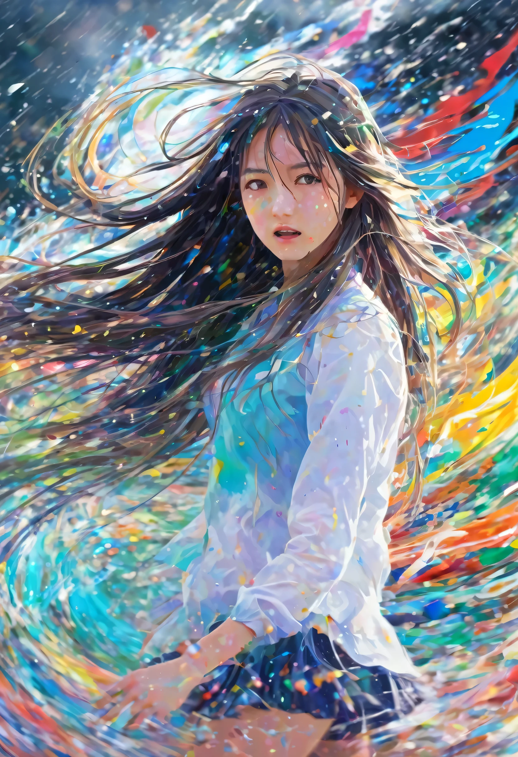 return, (One girl), material, Delicate anime face, crystallization, Disheveled long hair, colorful returnground, colorful, Dissolve, Blurred, Paint Splash, Abstract, Oil paint, encounter_Audience, A storm of swirling colors, Strong winds