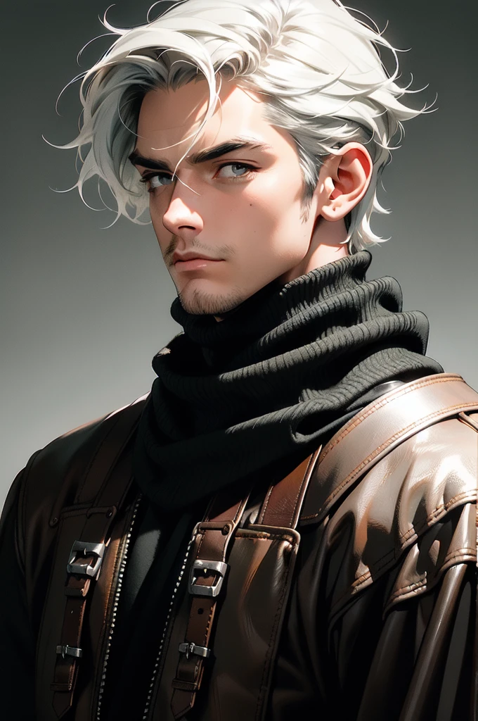 (absurd res, high res, ultra detailed), 1 male, adult, handsome, tall muscular guy, broad shoulders, white hair, finely detailed eyes, portrait, looking at viewer, solo, half shot, detailed background, detailed face, (steampunk industrial), smirk, renegade, rugged dark leather clothes, small leather pouch, high fantasy medieval setting, smuggler hideout background, stealth, undercover, (crates in background), shadows, fog, (dutch angle), closed mouth