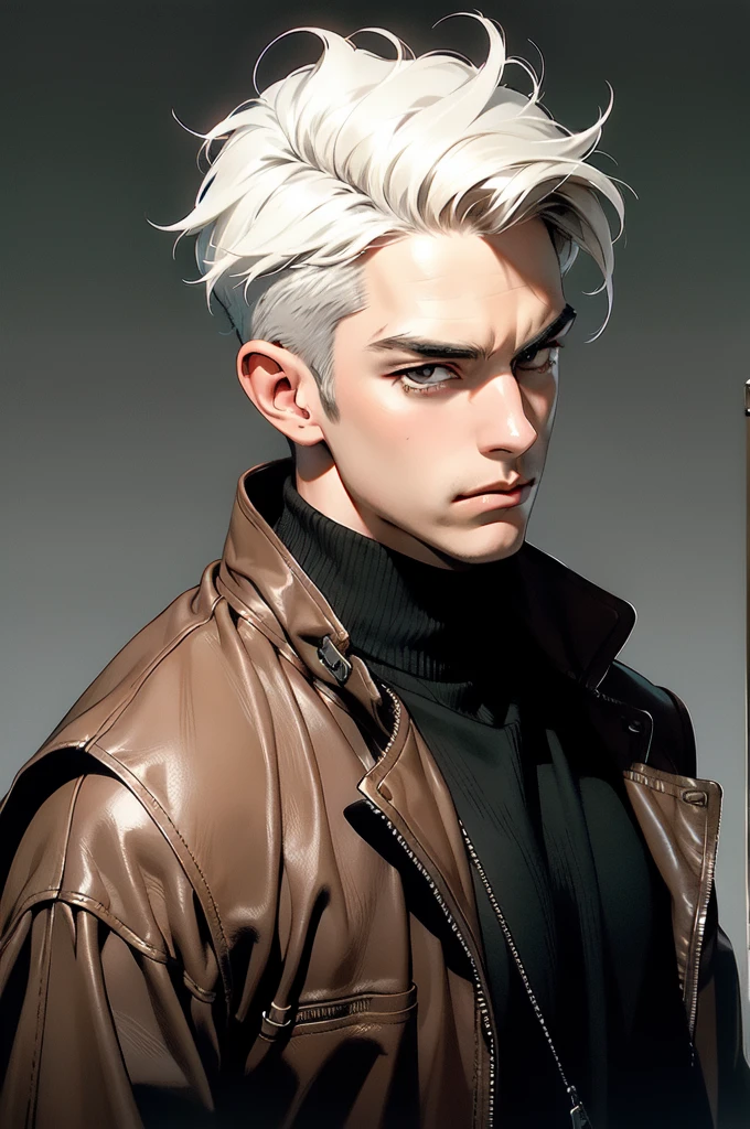 (absurd res, high res, ultra detailed), 1 male, adult, handsome, tall muscular guy, broad shoulders, white hair, finely detailed eyes, portrait, looking at viewer, solo, half shot, detailed background, detailed face, (steampunk industrial), smirk, renegade, rugged dark leather clothes, small leather pouch, high fantasy medieval setting, smuggler hideout background, stealth, undercover, (crates in background), shadows, fog, (dutch angle), closed mouth