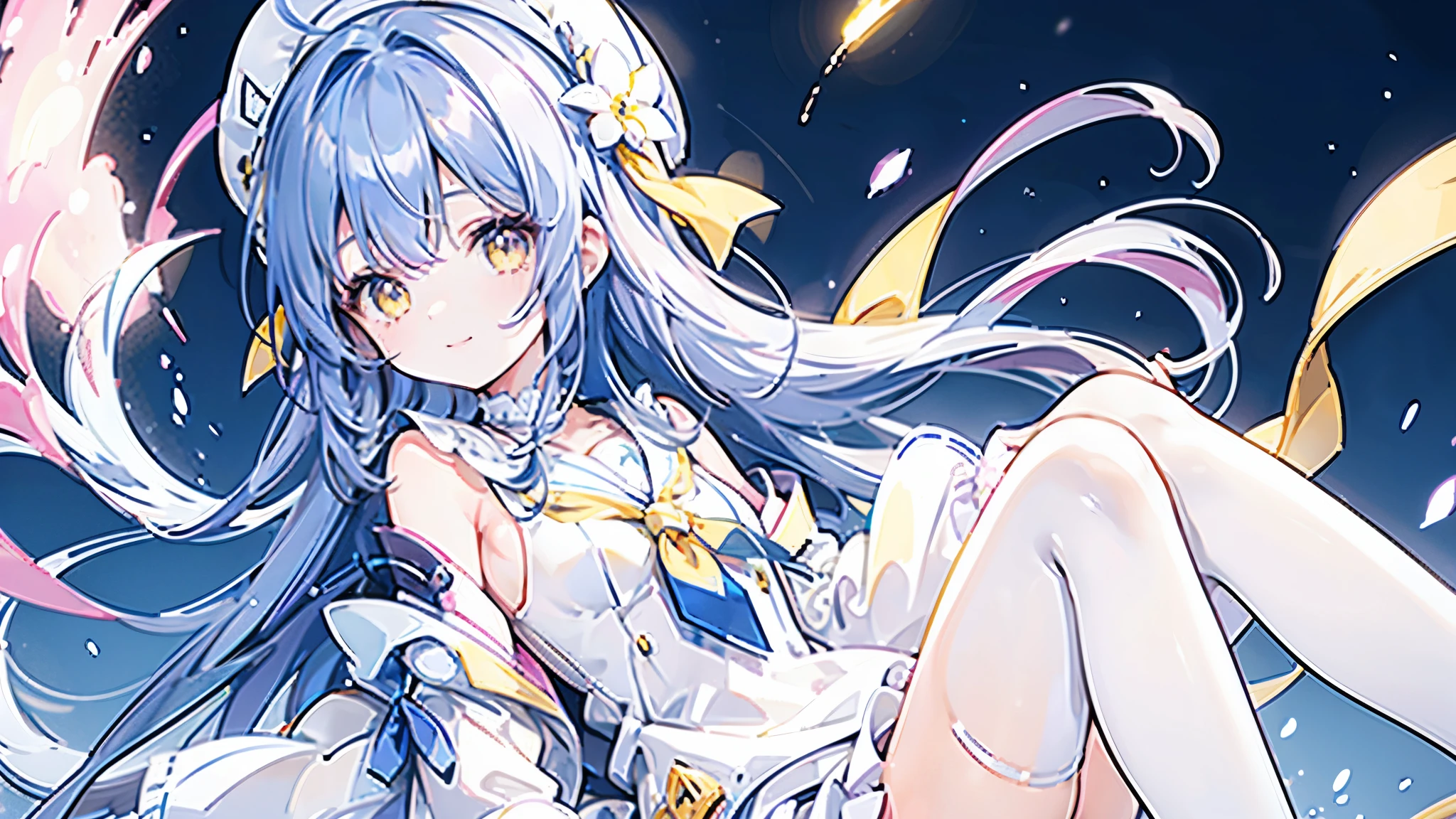 1girl,solo,Geopelia(phigros),deep blue hair, long hair, ahoge,yellow eyes,white beret hat,pink ribbon headband ,light smile,lunar surface background,small breasts,