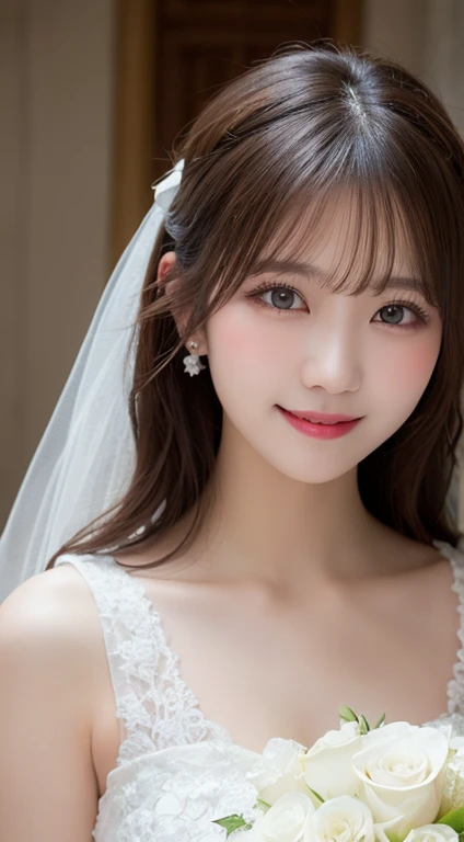 Tabletop, highest quality, shape, Very detailed, In detail, High resolution, 8k wallpaper, Perfect dynamic composition, Beautiful details, White Wedding Dress,Medium Hair, Center of chest,Natural color lip,Random sexy poses,smile,Chapel,Bouquet of white roses,,20-year-old girl