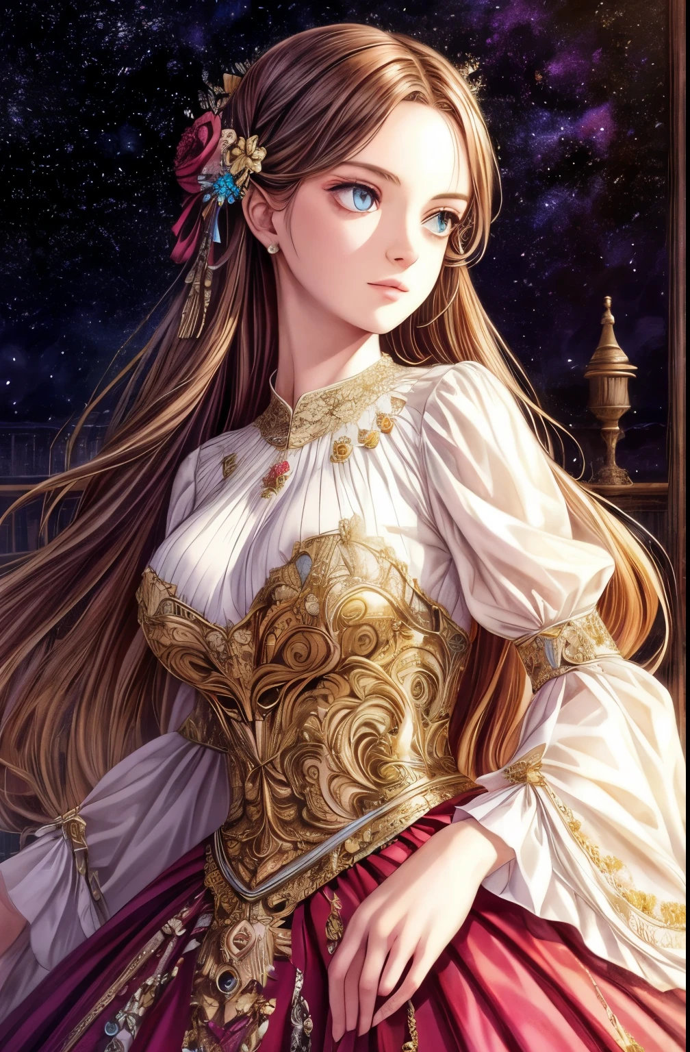 (absurd, high resolution, Super detailed), 1 Girl, Starry Eyes，Solitary,  Baroque, Long skirt, Long sleeve, elegant, rich and colorful, The most detailed, Upper Body