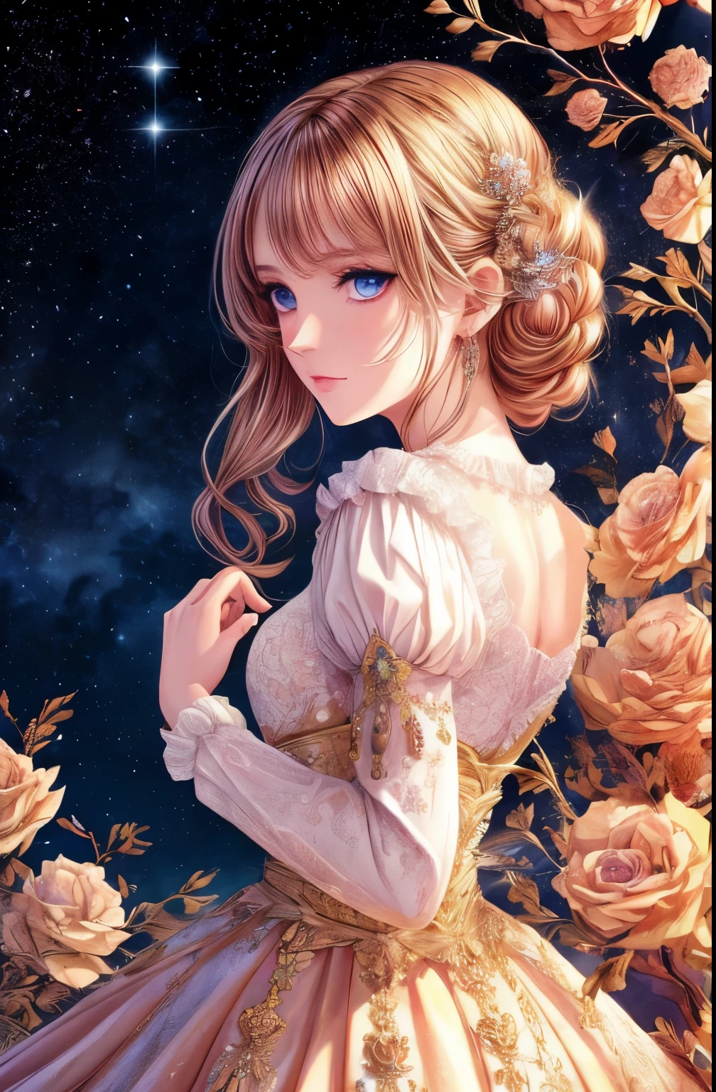 (absurd, high resolution, Super detailed), 1 Girl, Starry Eyes，Solitary,  Baroque, Long skirt, Long sleeve, elegant, rich and colorful, The most detailed, Upper Body