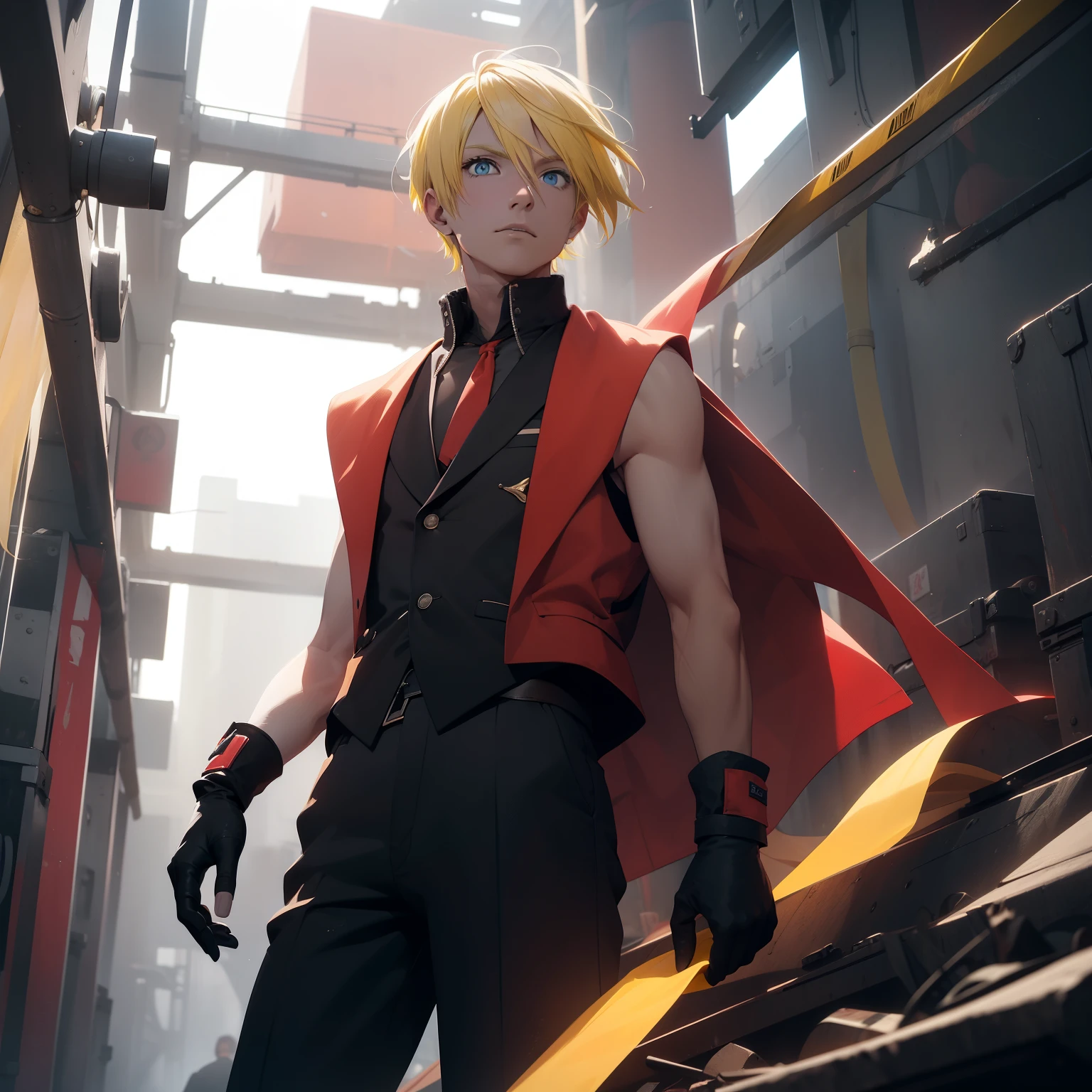 (26 years old), (male), (Yellow hair), (Blue eyes), (Straight Hair), (Short hair), red scarf, red vest, sleeveless, black pants, black gloves, slim, up to legs