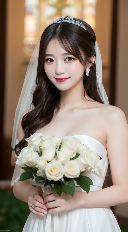 Tabletop, highest quality, shape, Very detailed, In detail, High resolution, 8k wallpaper, Perfect dynamic composition, Beautiful details, White Wedding Dress,Medium Hair, Center of chest,Natural color lip,Random sexy poses,smile,Chapel,Bouquet of white roses,20-year-old girl