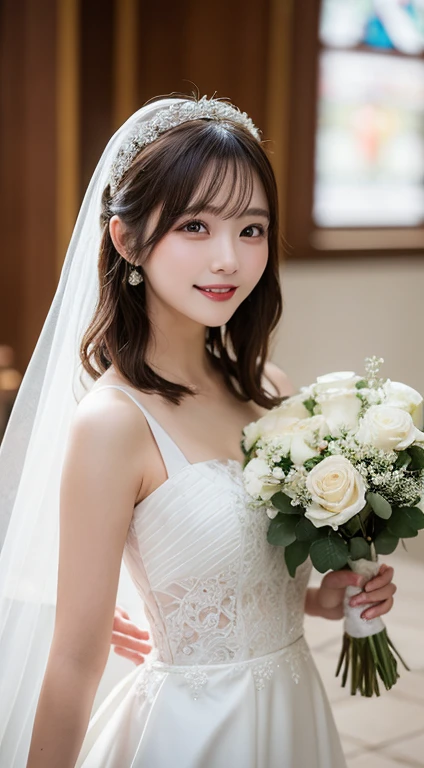 Tabletop, highest quality, shape, Very detailed, In detail, High resolution, 8k wallpaper, Perfect dynamic composition, Beautiful details, White Wedding Dress,Medium Hair, Center of chest,Natural color lip,Random sexy poses,smile,Chapel,Bouquet of white roses,20-year-old girl