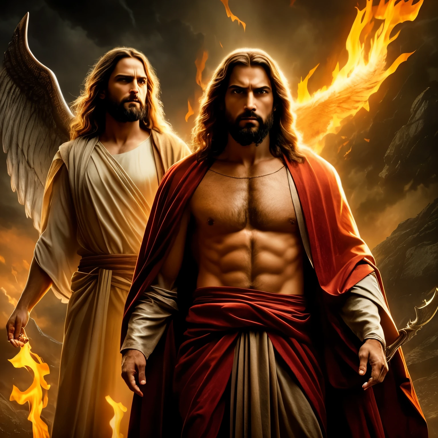 A hyper-realistic, high-resolution image depicting a spiritual confrontation between Jesus Christ and the Devil, set against a backdrop of dramatic, ethereal light and dark contrasts. The image, rendered with remarkable detail and a cinematic quality, showcases Christ standing tall and resolute, his gentle yet determined expression radiating hope and love. His hands are naturally positioned at his sides, and his eyes, filled with warmth and light, gaze directly at the Devil.
The Devil, on the other hand, is portrayed as a compelling figure of darkness and temptation. He stands opposed to Christ, his fiery eyes filled with anger and deceit. His body language exudes power