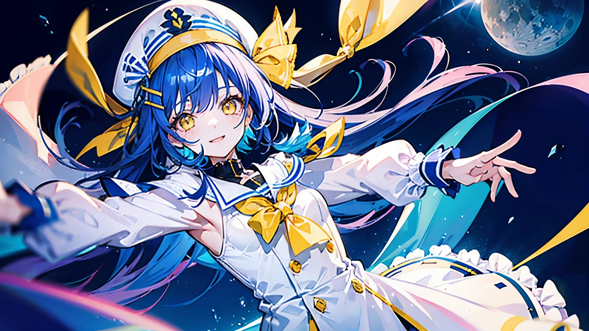 1girl,solo,Geopelia(phigros),deep blue hair, long hair, ahoge,yellow eyes,white beret hat,pink ribbon headband ,light smile,lunar surface background,small breasts,