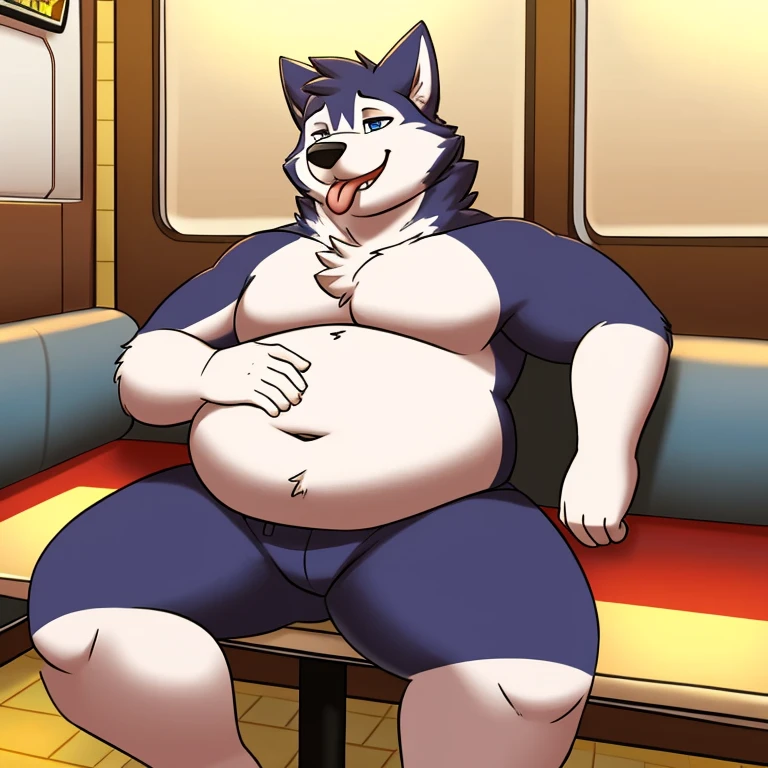 Solo, husky, fat, sitting in a dining booth, in booth, American diner setting, reclining, one hand on belly, arm over seat, tongue out, just finished eating, stuffed face