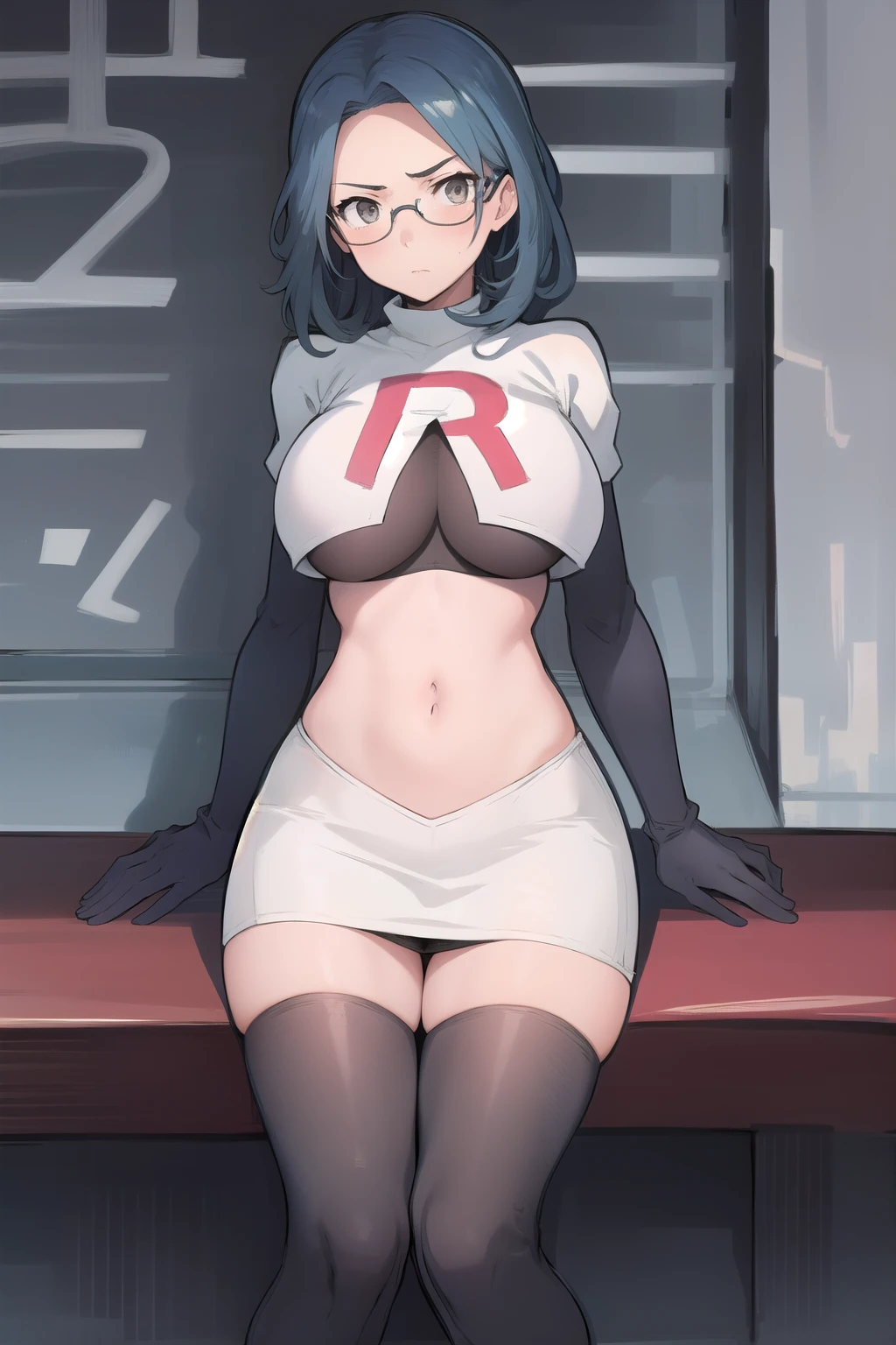 best quality, (masterpiece:1.2), illustration, absurdres,
(1girl), (solo), (beautiful detailed girl),
Sonya Baelz, blue hair, medium hair, grey eyes, large breasts, half-frame glasses, gray glasses,
team rocket,team rocket uniform,white skirt,red letter R,crop top,black thigh-highs,black elbow gloves,
looking at viewer, serious,