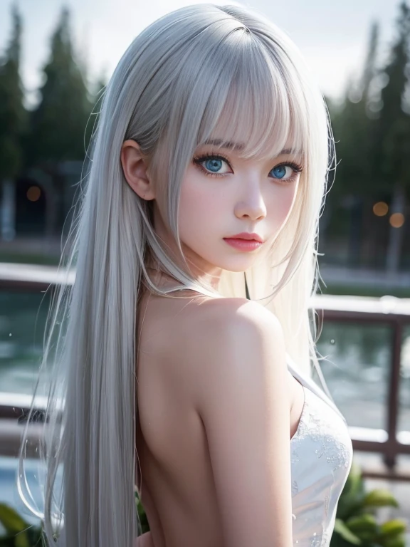 Masterpiece, highest quality, Realistic:1.5, 8k Raw Photo:1.5, Very detailed, Physically Based Rendering, Lightning in the movie, Intricate details, High resolution, Official Art, Beautifully detailed face and eyes, High resolution raw photo:1.5, 8k, Eye highlights, Depth of written boundary, (Enchanted eyes:1.57), Sharp focus on the eyes, Side Shot, Bokeh, alone, One girl, Platinum Silky Hair, Shiny long white hair, (Sparkling Eyes), Beautiful Landscape, Rainy Town, Upper Body, turn around, Uplifting, View your viewers, close