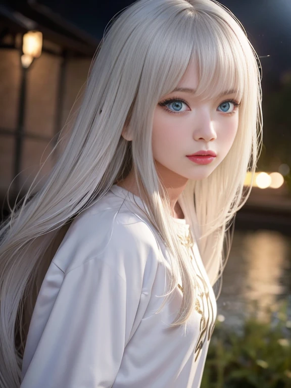 Masterpiece, highest quality, Realistic:1.5, 8k Raw Photo:1.5, Very detailed, Physically Based Rendering, Lightning in the movie, Intricate details, High resolution, Official Art, Beautifully detailed face and eyes, High resolution raw photo:1.5, 8k, Eye highlights, Depth of written boundary, (Enchanted eyes:1.57), Sharp focus on the eyes, Side Shot, Bokeh, alone, One girl, Platinum Silky Hair, Shiny long white hair, (Sparkling Eyes), Beautiful Landscape, Rainy Town, Upper Body, turn around, Uplifting, View your viewers, close
