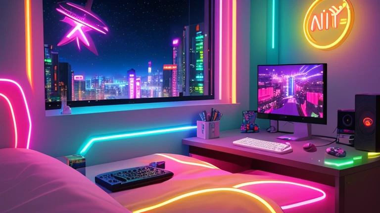 masterpiece, high quality, a wide view of a gamer girls room, led strips, neon signs, multiple anime posters, gaming pc, city at night out the window, nighttime, bedroom