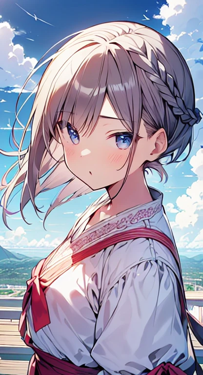 masutepiece, Best Quality,Illustration, Wallpaper, Ultra Detail, absurderes, 1、 Solo, (Medium short hair、short braided hair), Beautiful ultra-detailed eyes , Hair fluttering in the wind、:o、 Beautiful sky、(a panoramic view:1.5)