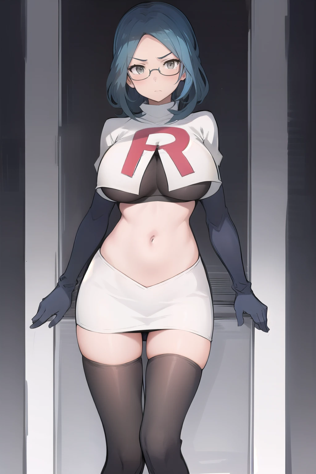 best quality, (masterpiece:1.2), illustration, absurdres,
(1girl), (solo), (beautiful detailed girl),
Sonya Baelz, blue hair, medium hair, grey eyes, large breasts, half-frame glasses, gray glasses,
team rocket,team rocket uniform,white skirt,red letter R,crop top,black thigh-highs,black elbow gloves,
looking at viewer, serious,