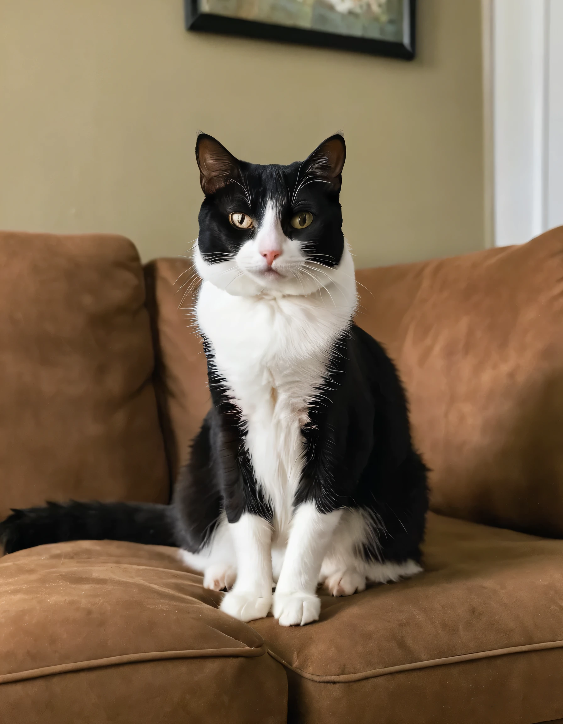 there is a black and white cat sitting on a brown chair, sitting on the couch, sitting on a couch, a cat sitting in a chair, sitting on couch, sitting on a sofa, sitting on the sofa, on his hind legs, doing a sassy pose, tuxedo cat, sitting down casually, doing a majestic pose, at the sitting couch, perfectly poised