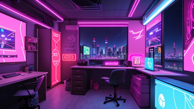 masterpiece, high quality, a wide view of a gamer girls room, led strips, neon signs, multiple anime posters, gaming pc, city at night out the window, nighttime, bedroom