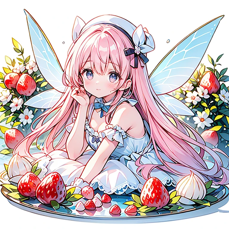 (Exquisite, beautiful, Very detailed, masterpiece, High resolution,high quality,High resolution),(Well-formed face,Soft and thin lines: 1.2, beautiful, Delicate and vivid illustrations with a mature and clear feel), Strawberries, raspberries, blueberries, cranberries, whipped cream, fresh cream and custard cream floating on a white background,A fairy with beautiful, clear wings is floating in the air, casting a spell on whipped cream with a magic wand and laughing happily.,She is wearing a fluffy cream, red and white cafe apron with lace, frills and ribbons with a shortcake motif, and a cafe employee hat.,(She has fair skin, short eyebrows, a pale pink blush, plump pink lips, beautiful eyes, and a nice body with a fairly large, fluffy bust.,Knee-high with lace,),Vibrant and eye-catching colors,Dynamic Angles,Dream Cute,