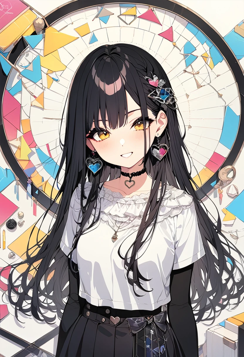 ,beautiful flower々）,, long hair 、black hair,grin,heart shaped choker, (masterpiece, highest quality), official art, beautiful and aesthetic: 1.2), (1 girl), very detailed, (geometry art: 1.3), colorful、、 whole body